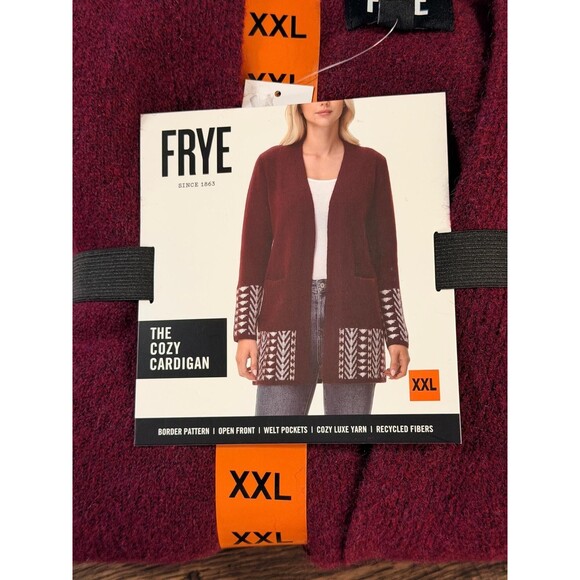 FRYE The Cozy Cardigan with Border Pattern Open Front Sweater Maroon Size XXL - Picture 2 of 4